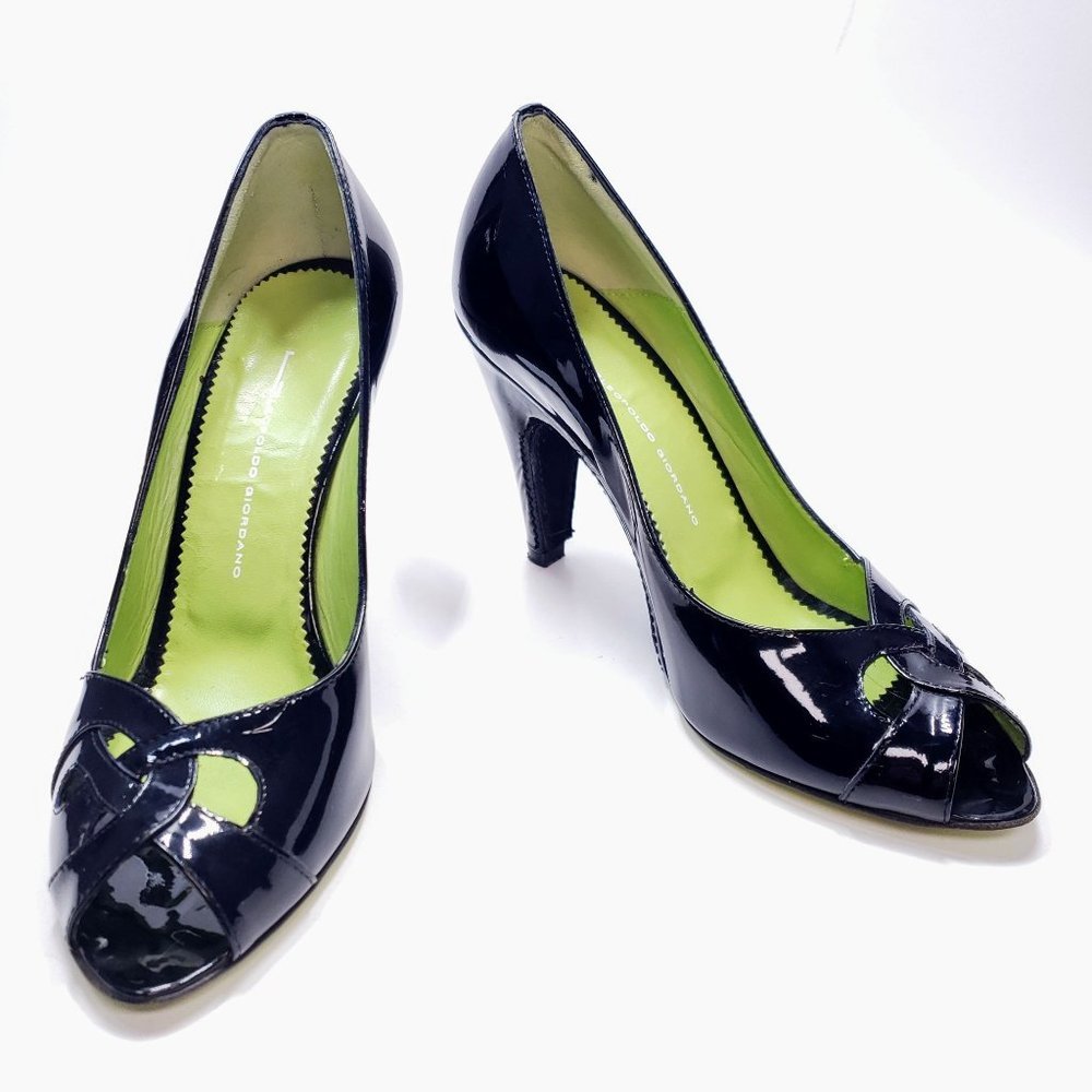 Leopoldo Giordano Italian Patent Leather Pumps Black Peep Toe Heels EU 39 / US 8